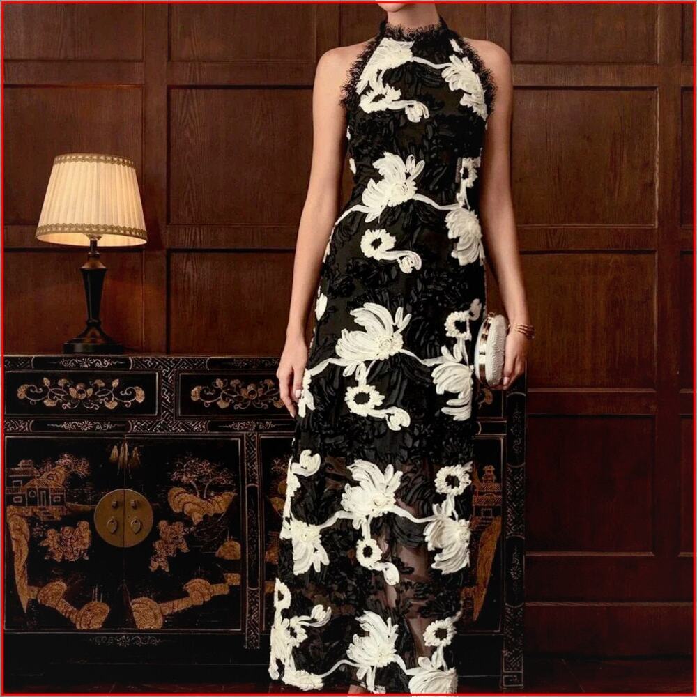 Black Casual Women's Two Tone Flower Lace Trim Split Back Halter Neck Dress
